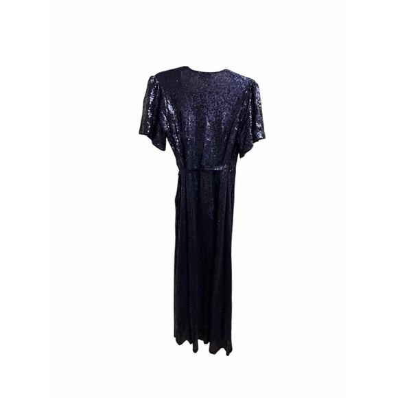DMFashion Navy Sequin Wrap Maxi Dress Size Small Flutter Sleeve Formal Evening - Picture 12 of 16